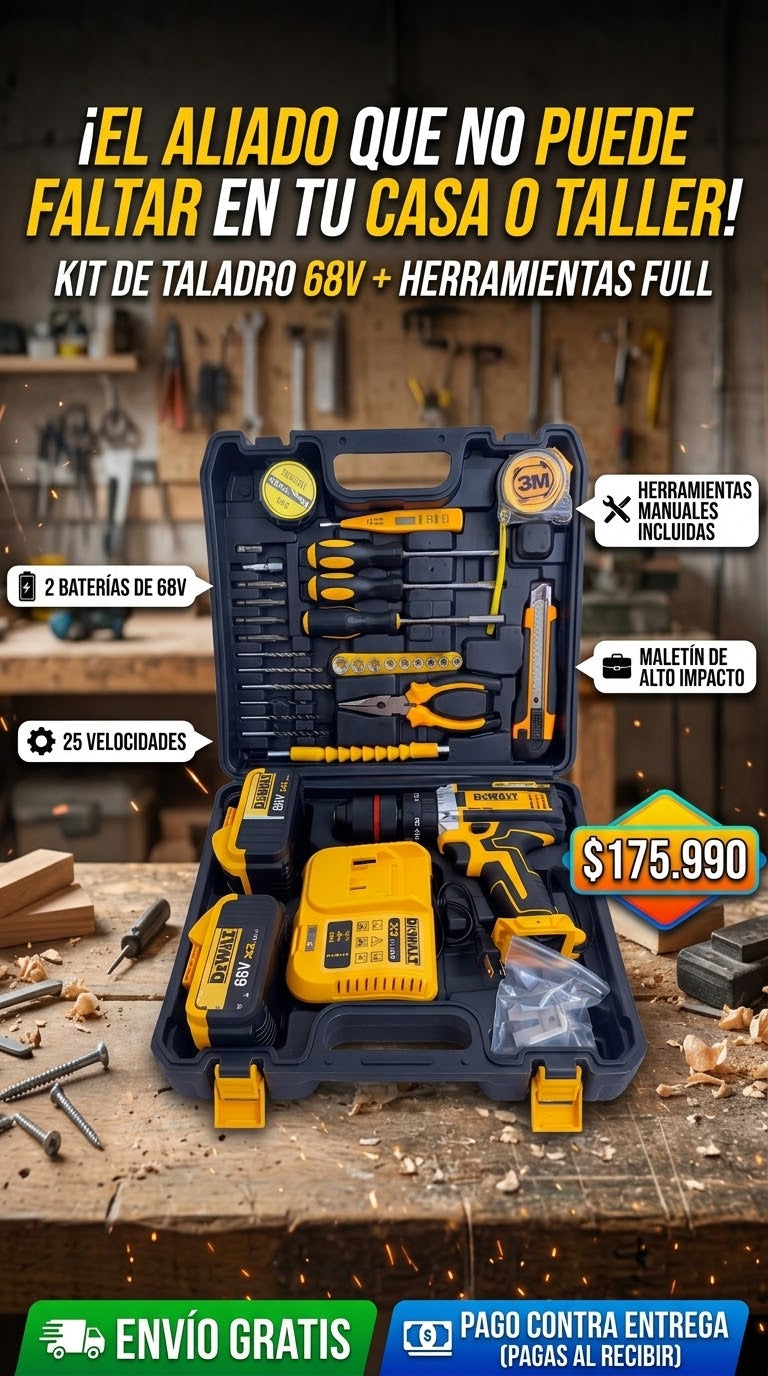 Taladro DeWalt 68 Voltios Percutor + Kit Completo de Herramientas Full