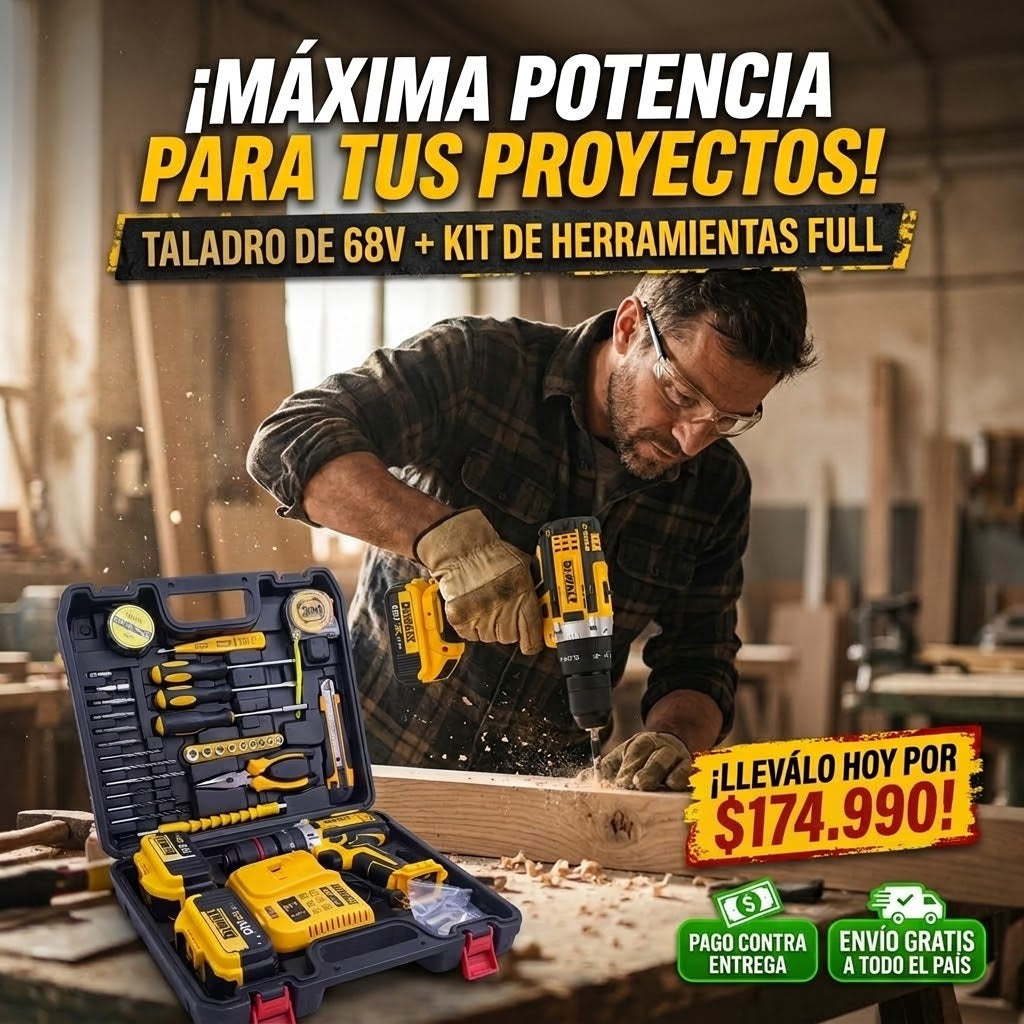 Taladro DeWalt 68 Voltios Percutor + Kit Completo de Herramientas Full