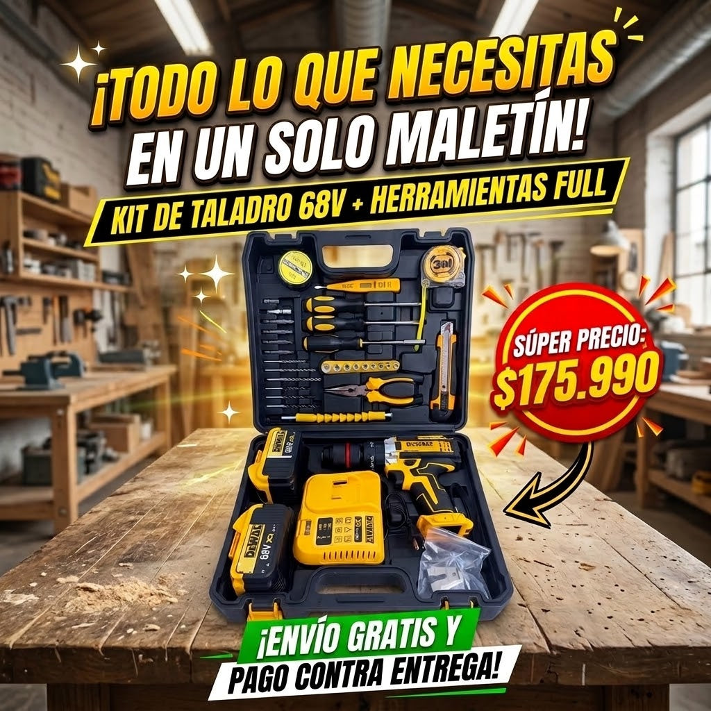 Taladro DeWalt 68 Voltios Percutor + Kit Completo de Herramientas Full