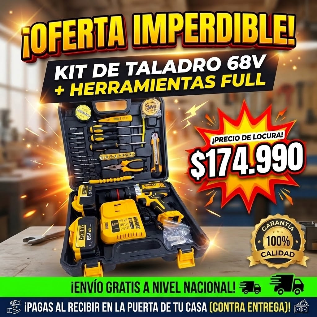 Taladro DeWalt 68 Voltios Percutor + Kit Completo de Herramientas Full